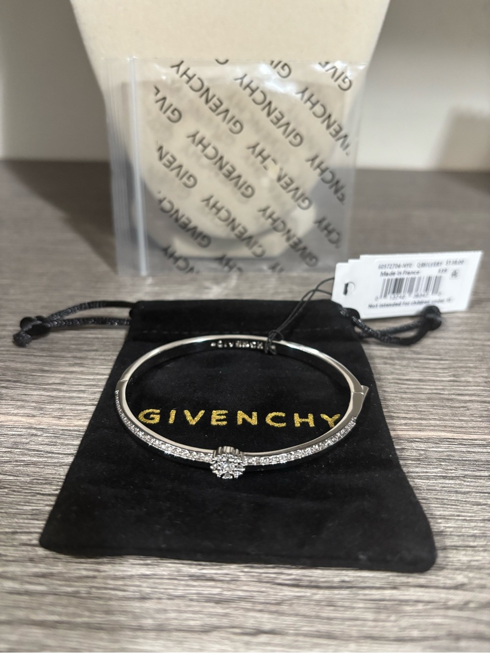 NEW Givenchy Crystal Flower Pavé Hinged Bangle Bracelet Silver With Dust Bag